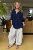 Made in Italy Santos Collared Peasant Smock Blouse Navy